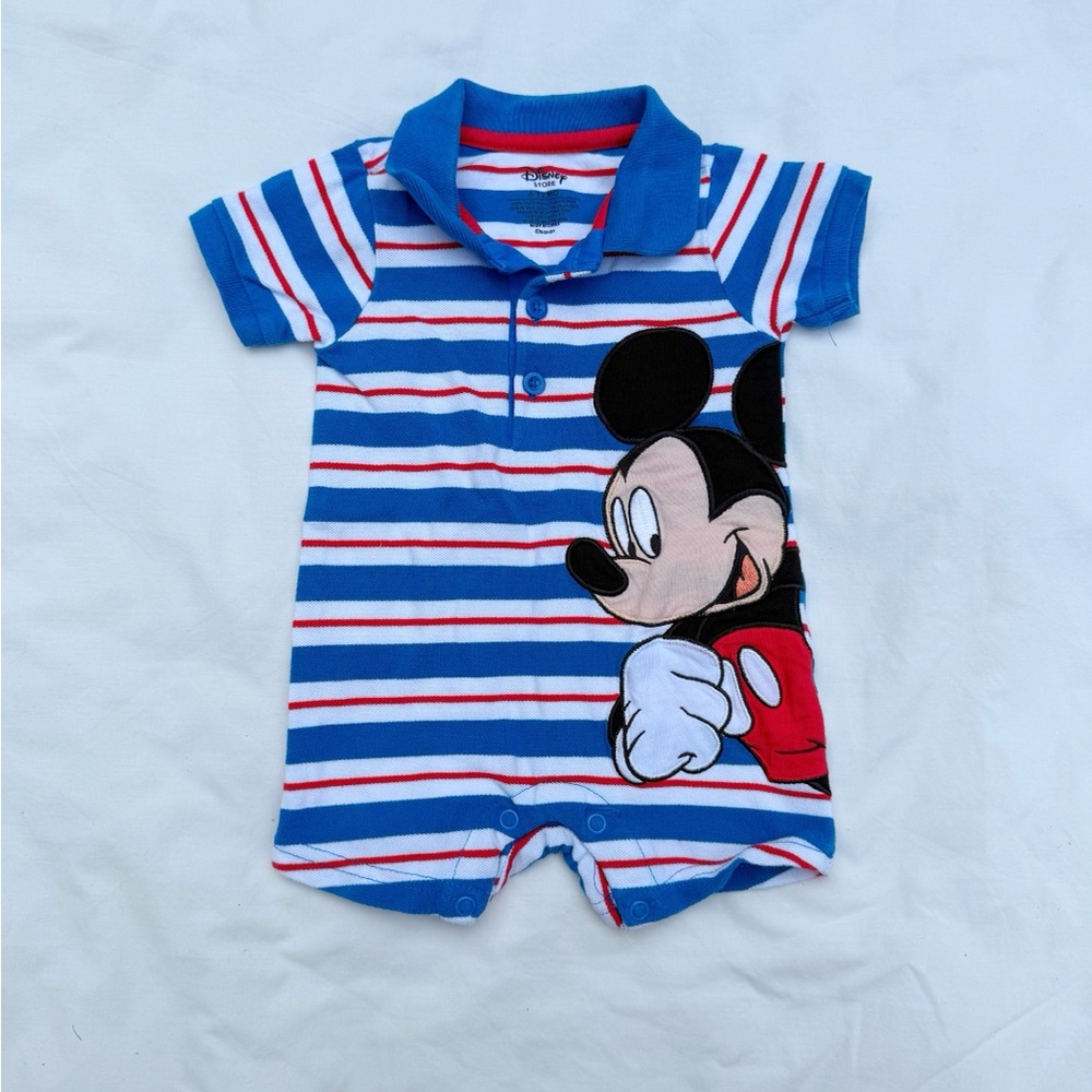 Blue Striped Mickey Mouse Baby Romper